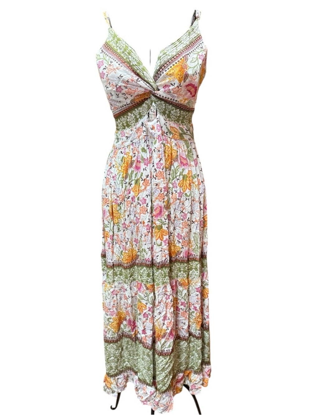 Angie Floral Twist-Front Maxi Dress in Green, Pink & Orange